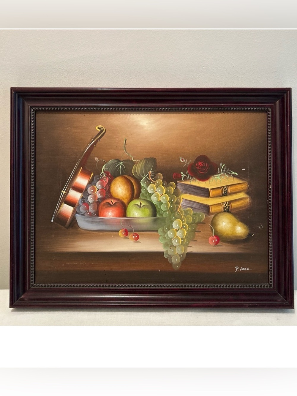 Original Frank Lean Still Life Oil Painting Framed - Classic Violin Fruit Canvas